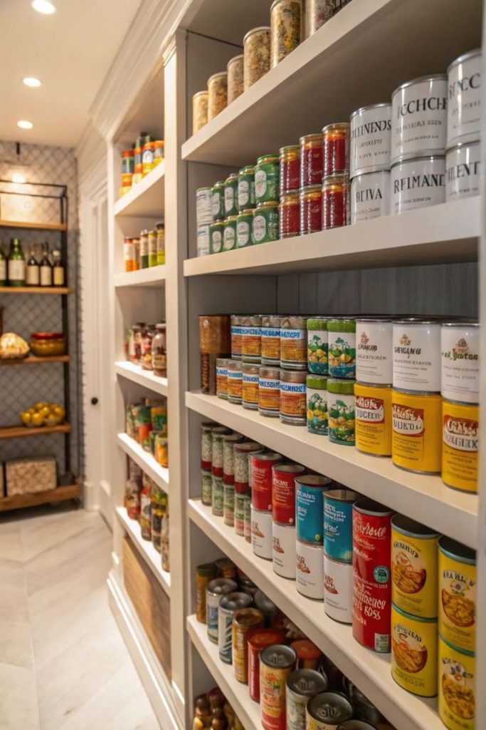 Organized canned food pantry shelf.