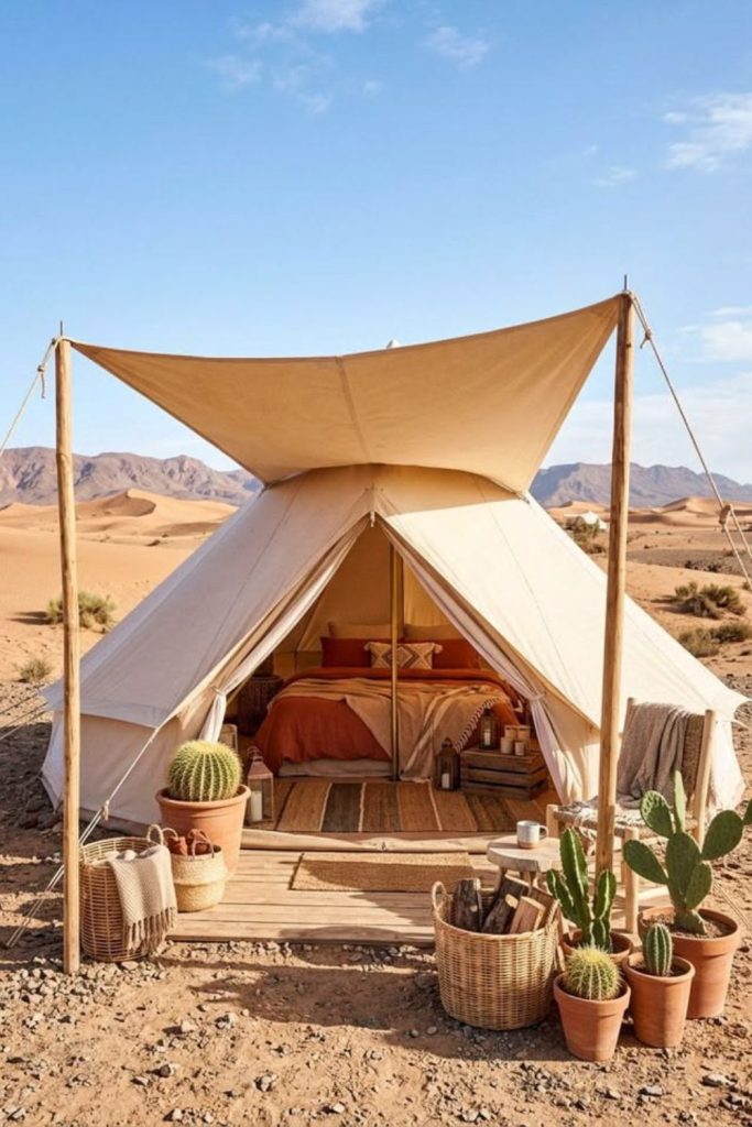 Desert canyon lantern campsite aesthetic setup