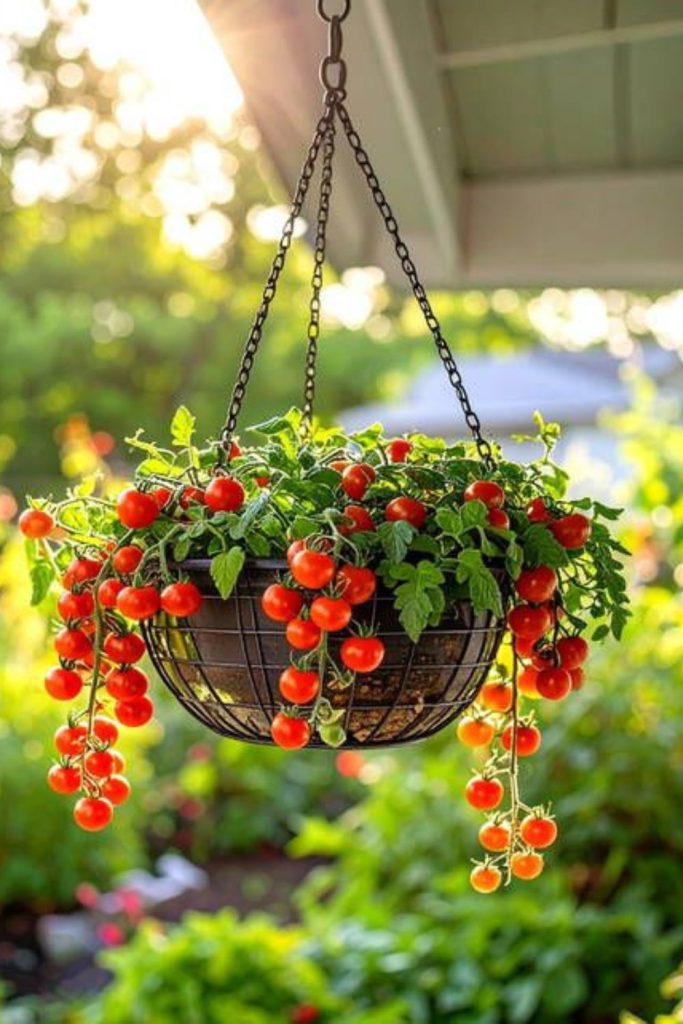 Edible tomato hanging basket garden