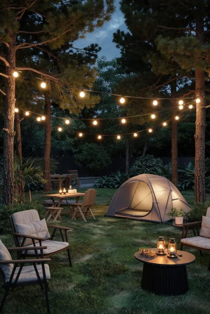 Cozy cedar camp beneath moonlight