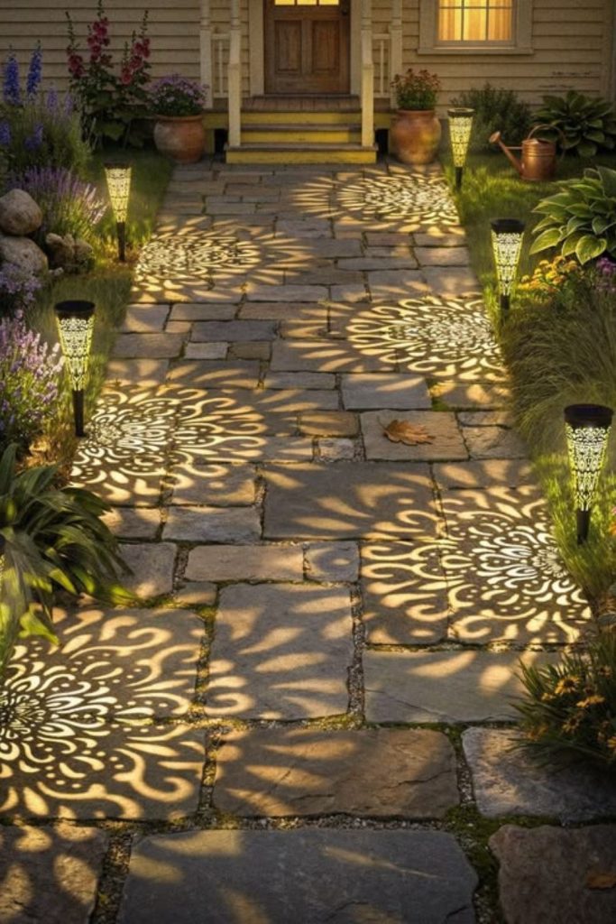 Celestial nightscape garden glowing lights dark dreamy cosmic front yard