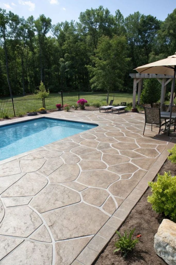 Geometric stencil painted cement pool deck