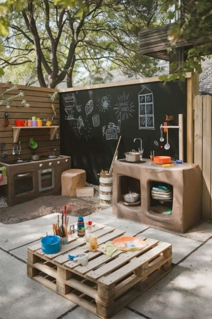 Chalkboard recipe mud kitchen corner.