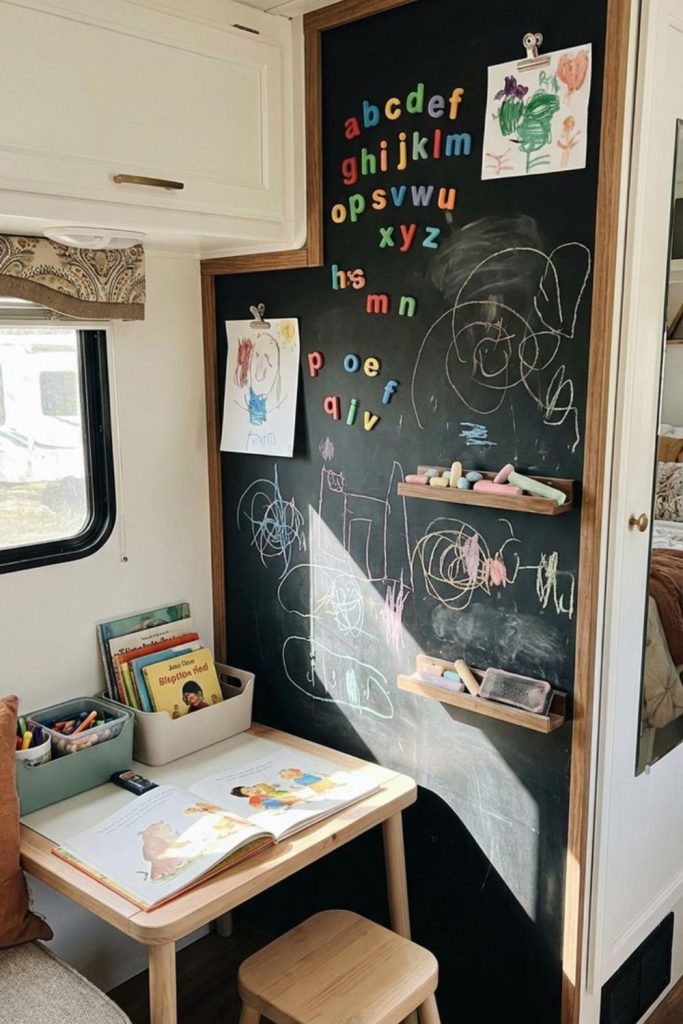 Chalkboard wall decor inside RV.