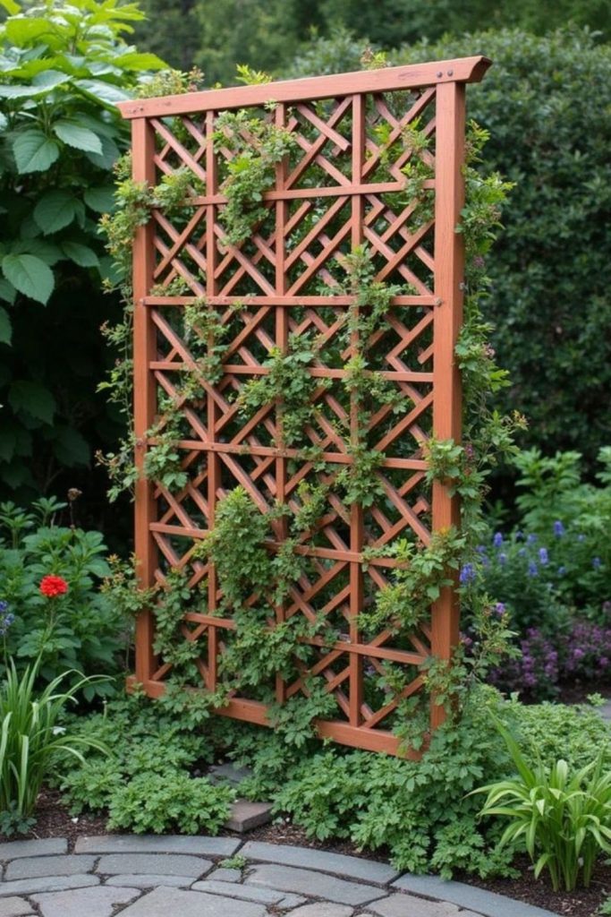 Chevron patterned wooden garden trellis.