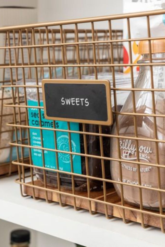 Gold metal decorative pantry baskets