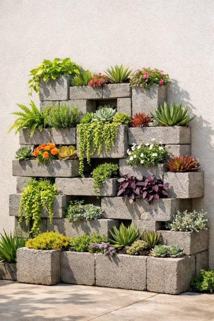 Cinder block succulent modular garden wall