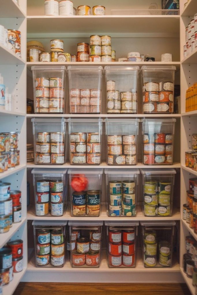 Clear pantry bins for organization.