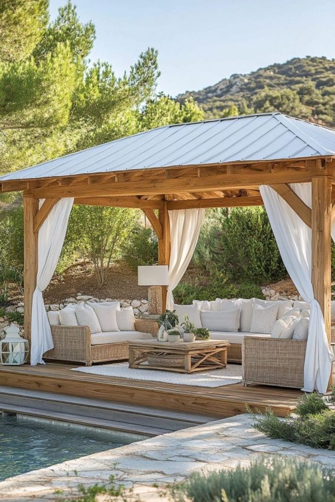 Coastal pergola with breezy decor.