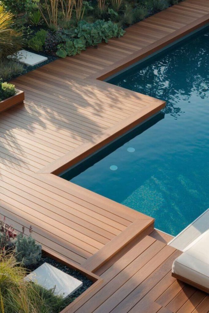 Coastal timber deck beside serene pool