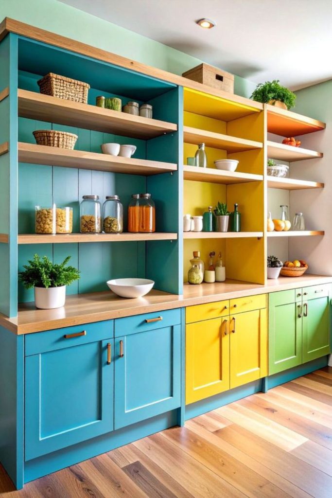 Color coordinated pantry shelf styling.