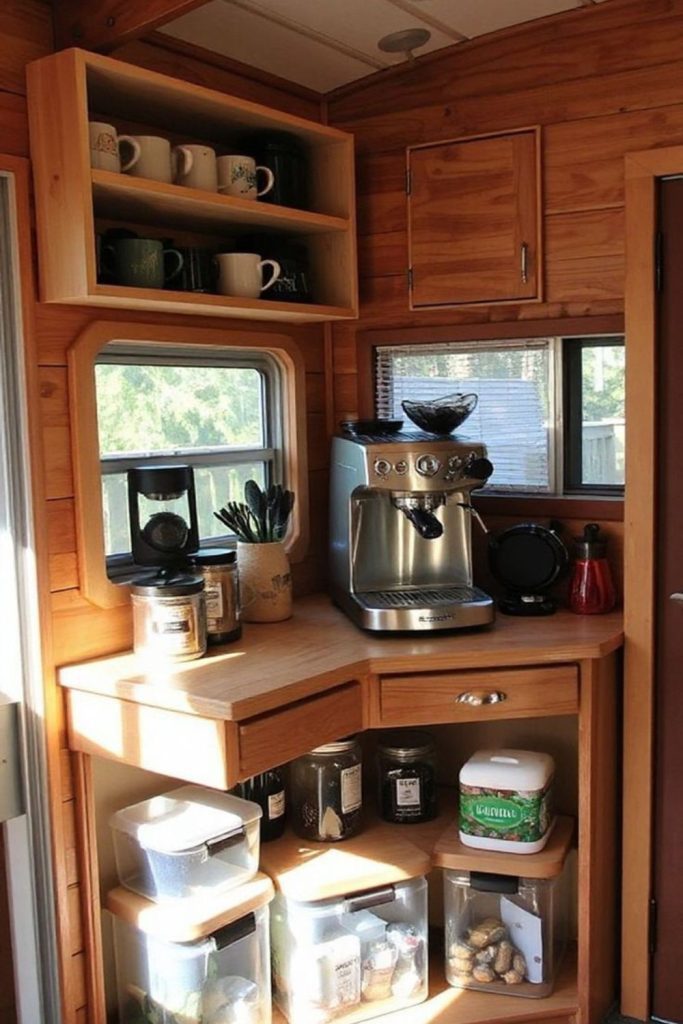Compact RV coffee station setup.