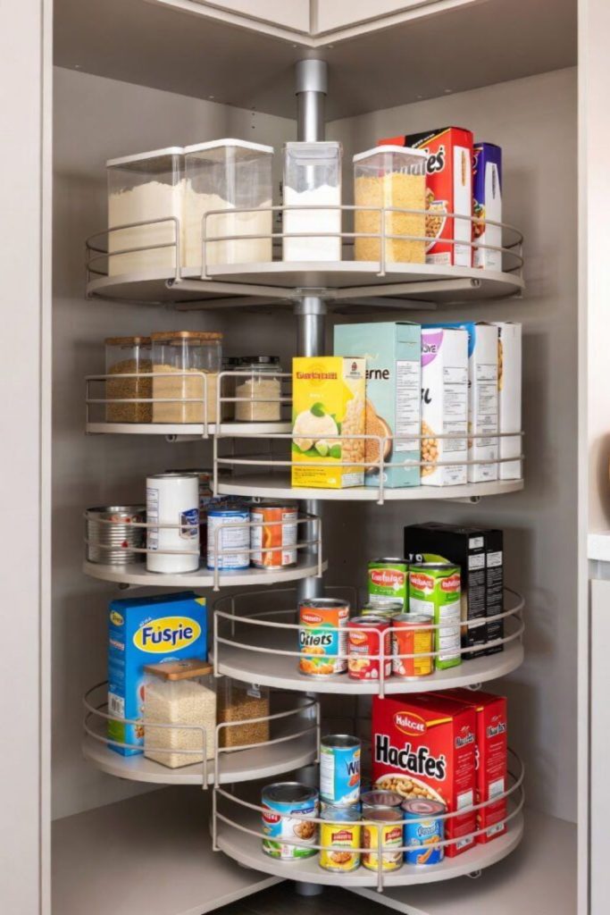 Spiral corner pantry shelving unit