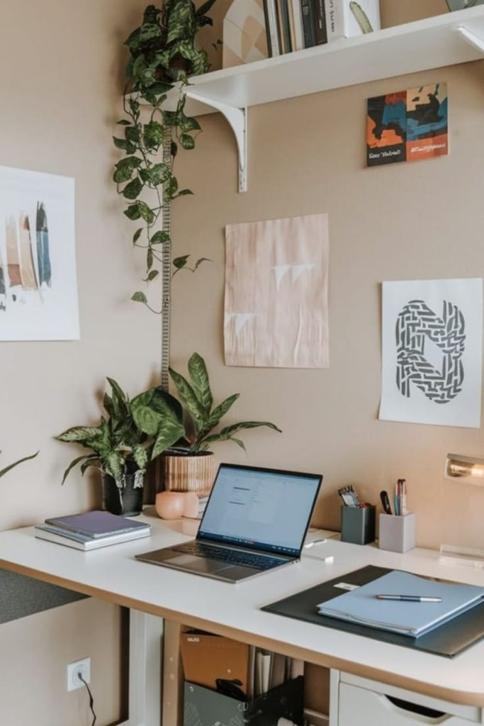 Zen minimal calming corner desk design.