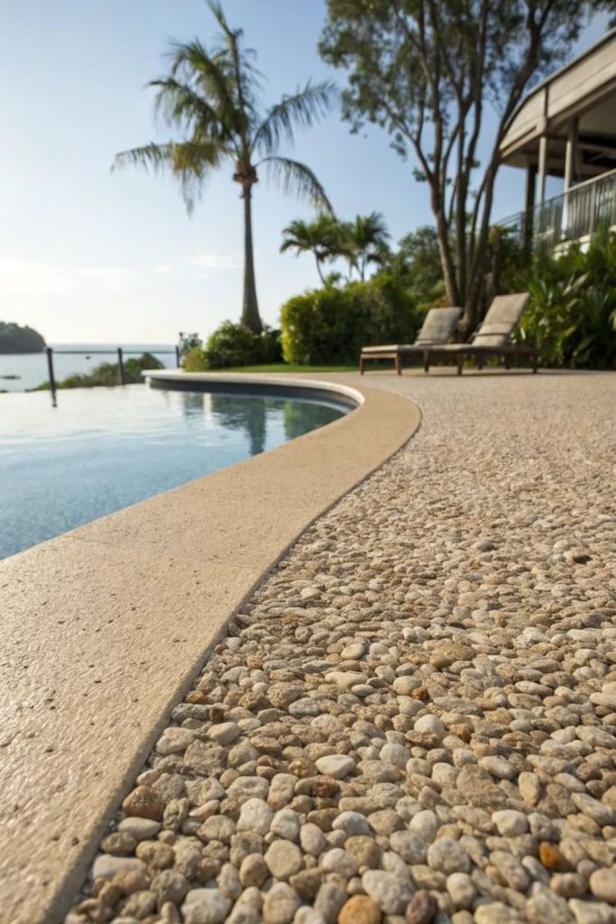 Shell imprint textured concrete pool deck