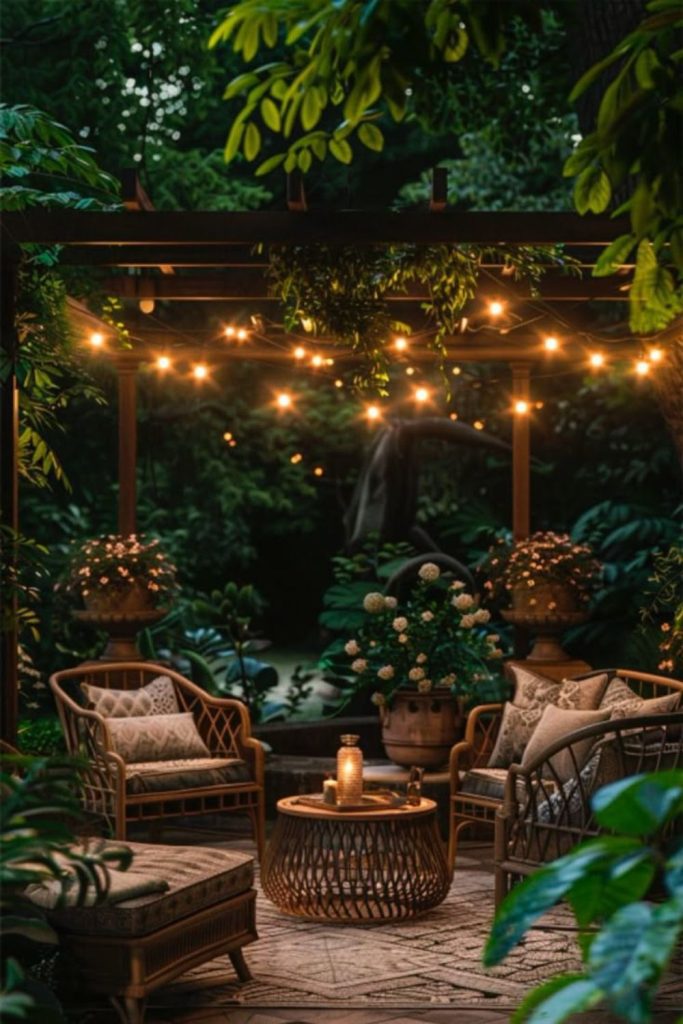 Copper lantern pergola courtyard design.