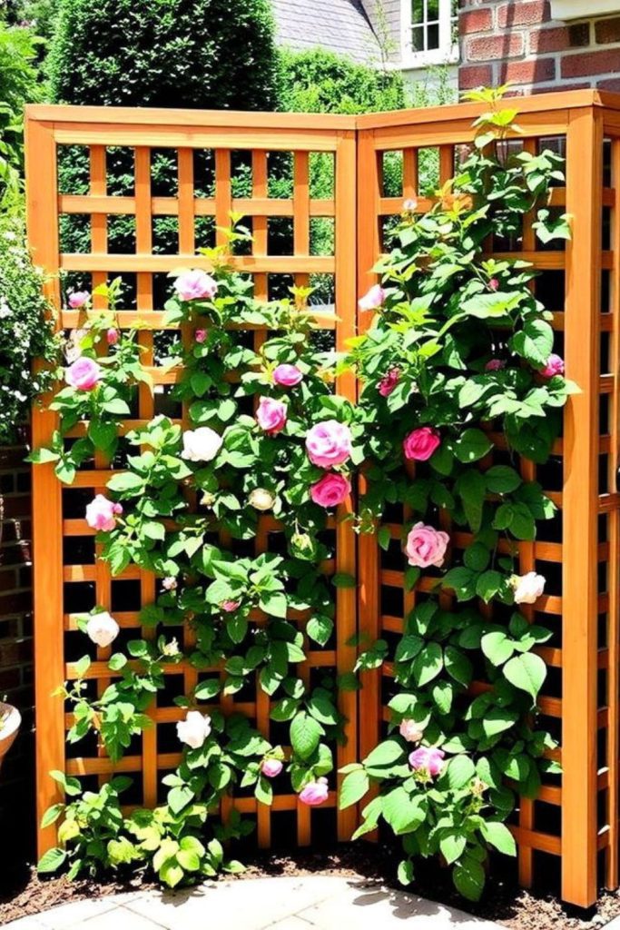 Corner wooden trellis for vines.