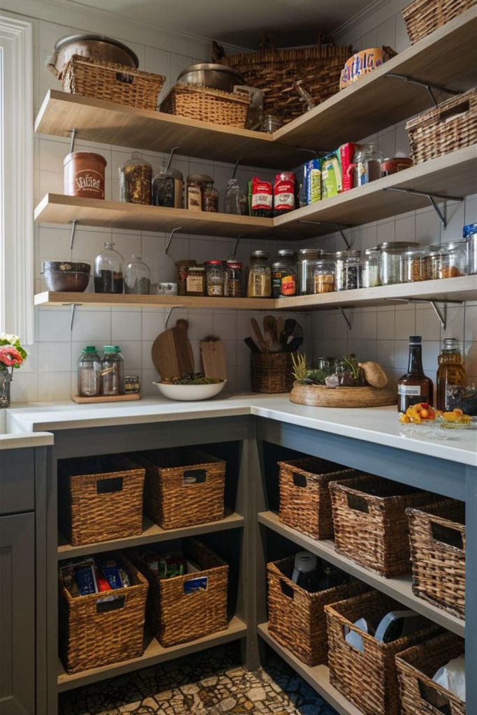 Clever pantry corner shelf storage.