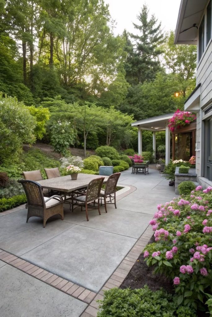Cottage flower-filled concrete patio scene.