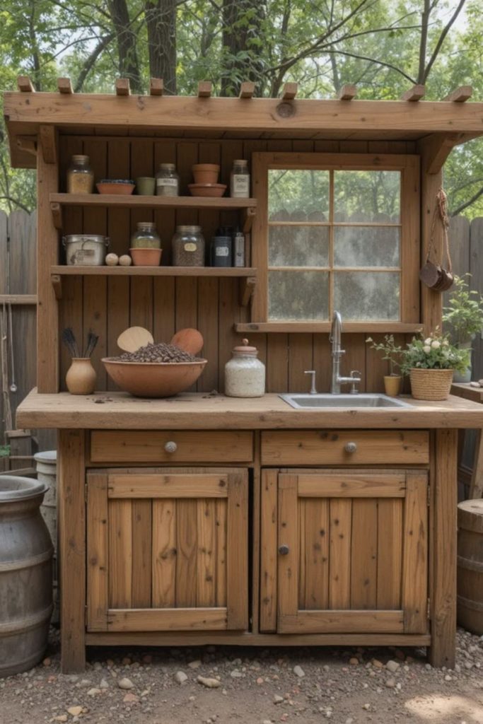 Cottage window mud kitchen setup.