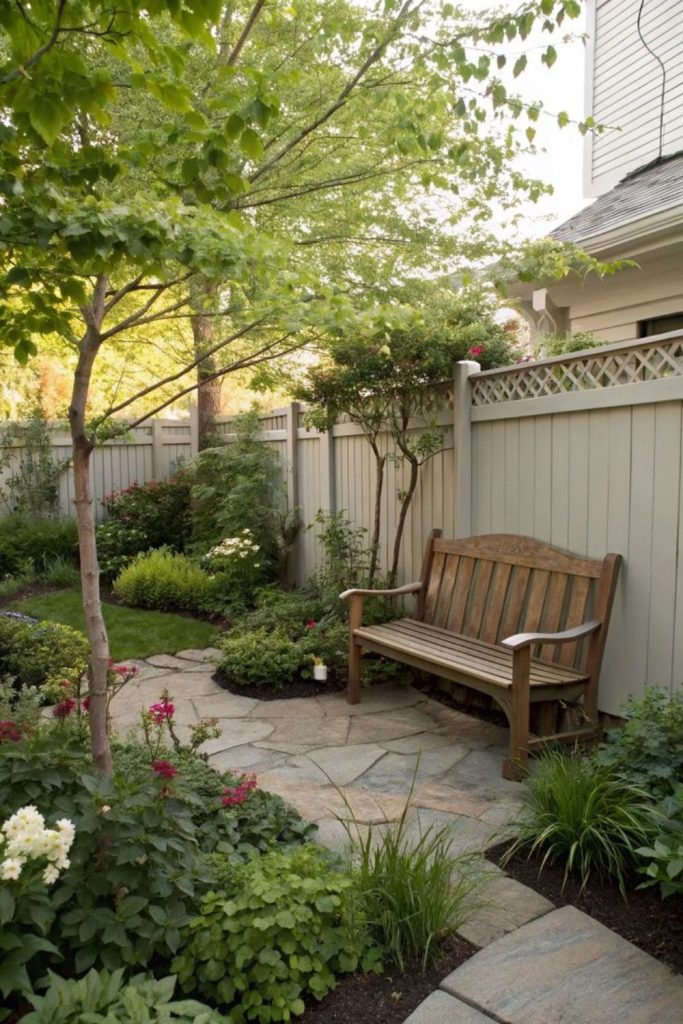 Cozy bench among front greenery