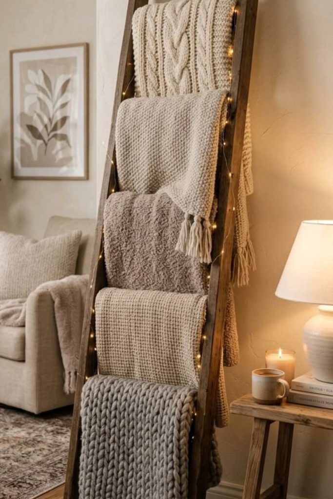 Cozy blanket ladder near wall.
