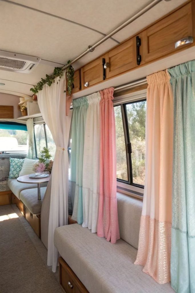 Cozy linen curtains inside RV.