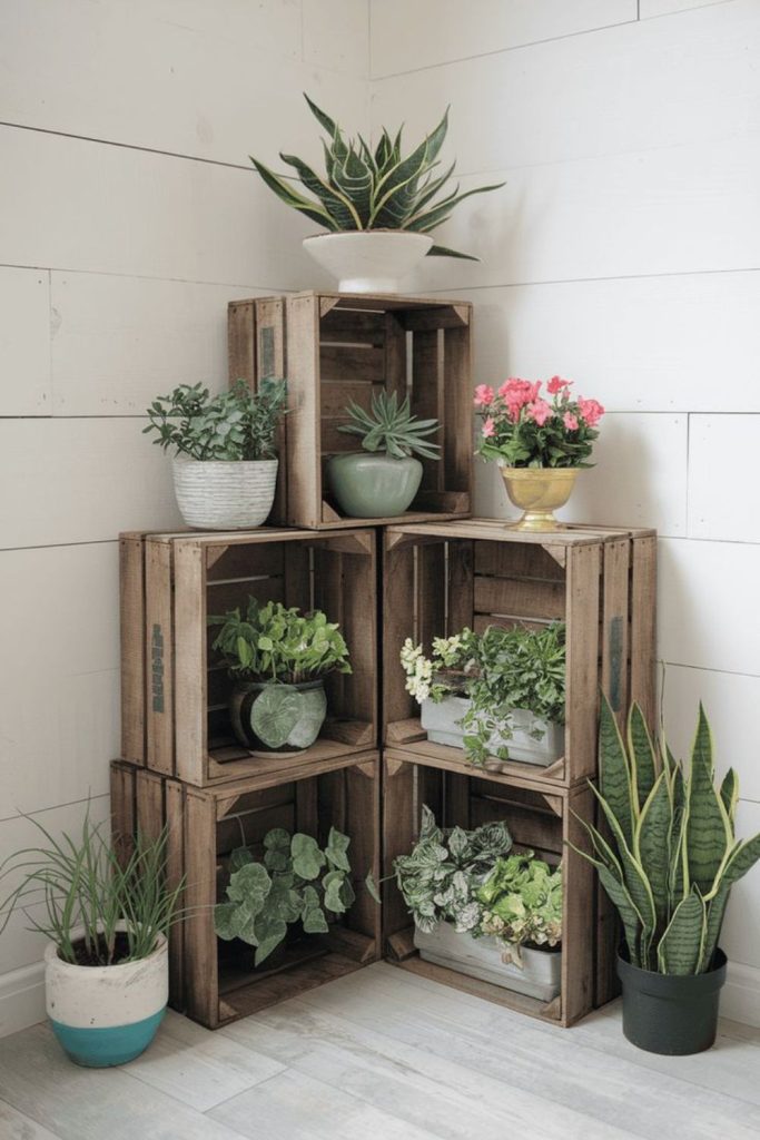 Wooden crate modular plant shelves