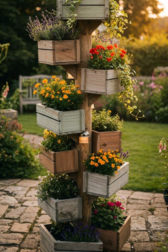 Wooden crate stacked vine trellis