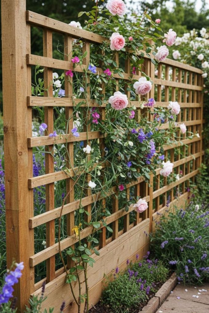 Crisscross fence trellis for flowers.