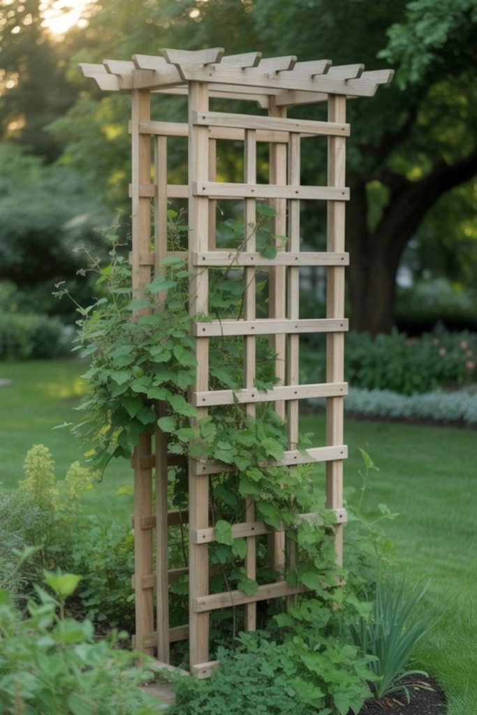 Cottage crossbeam trellis with roses.