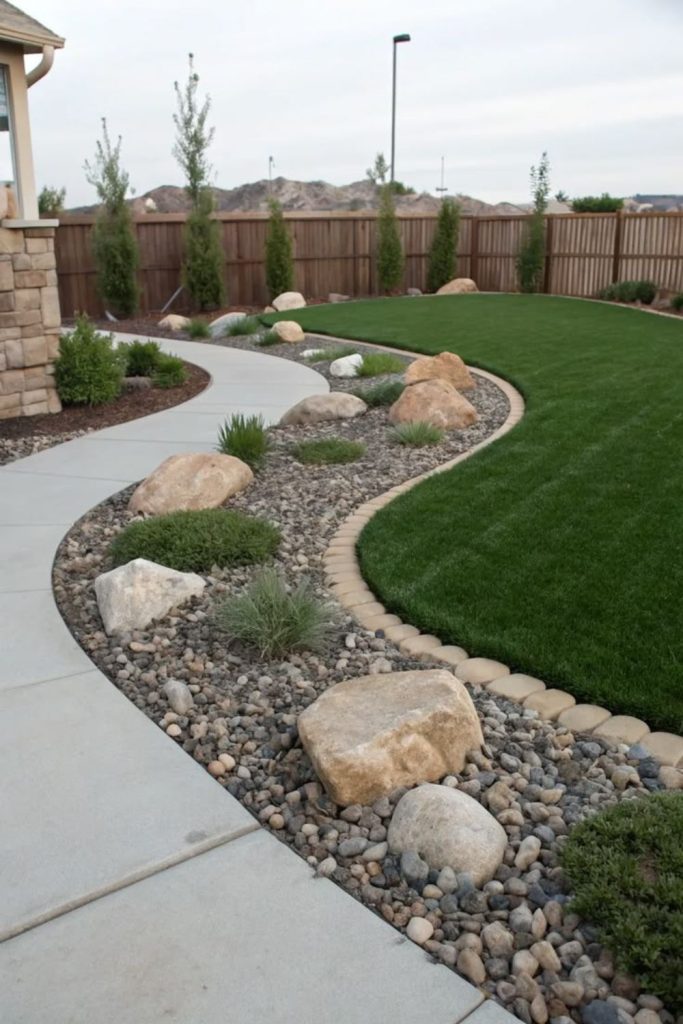 Curved pebble landscaping modern yard