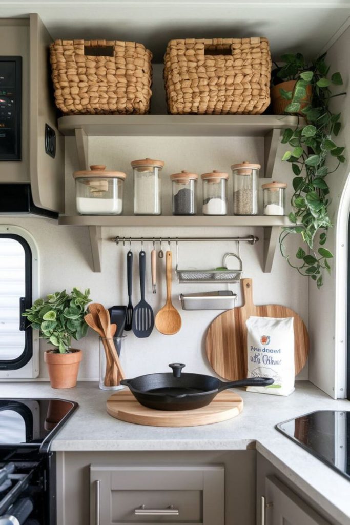 Decorative tray styling RV counter.