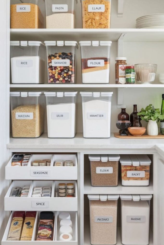 Organized canned food pantry shelf.