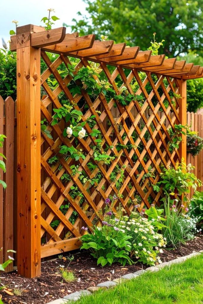 Diamond lattice trellis beside blooming roses.