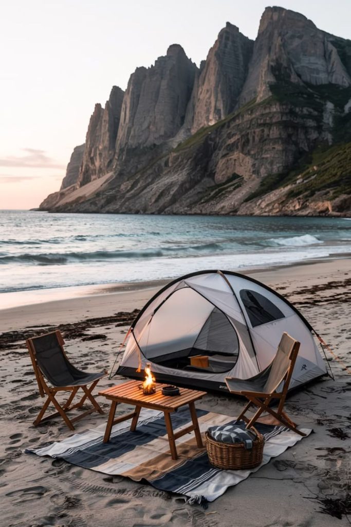 Driftwood beach campsite cinematic evening setup