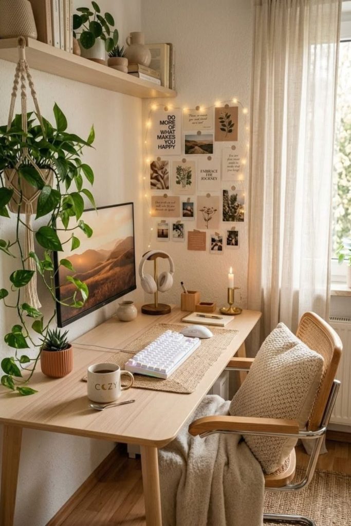 Earth tone natural calming workspace design.