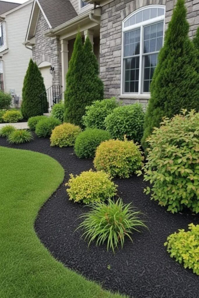 Evergreen shrubs with mulch borders