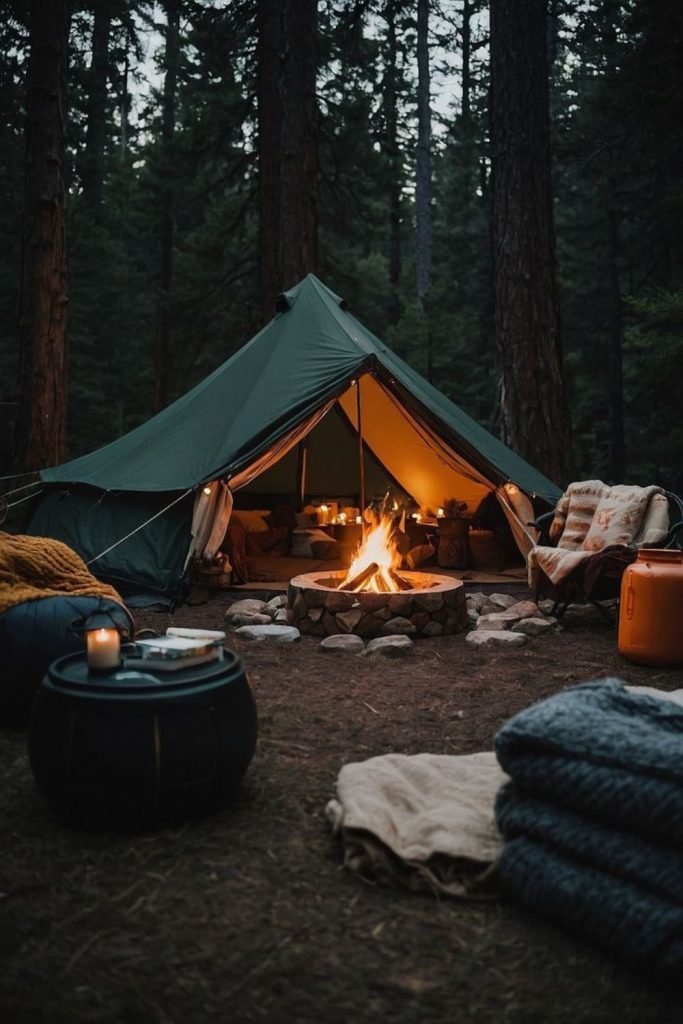 Evergreen mountain campsite with warm blankets