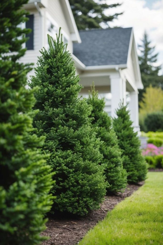 Evergreen border with pathway lights