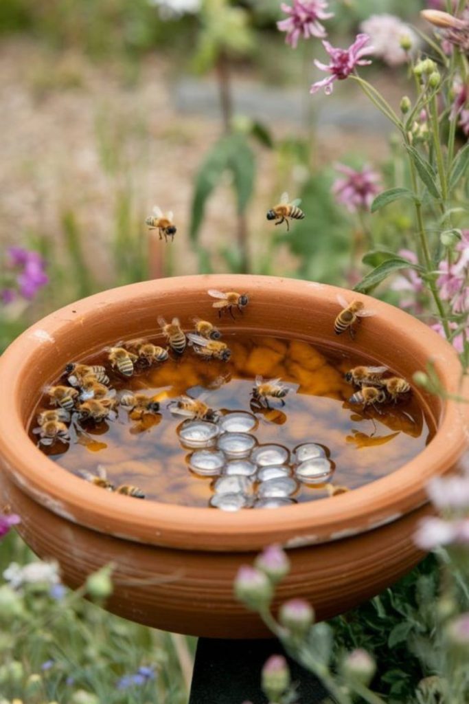Fairy garden bee bath decor.