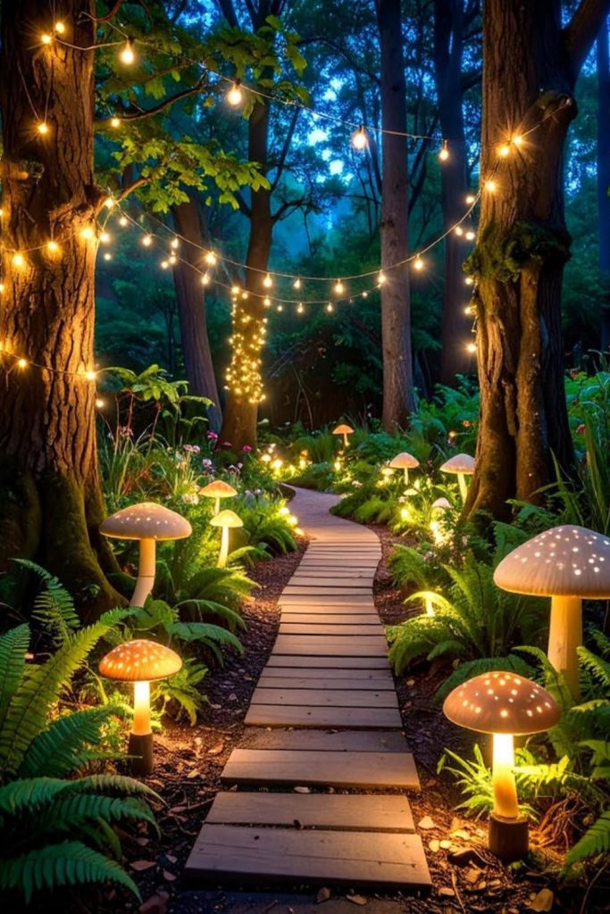 Fairy light garden glowing brightly.