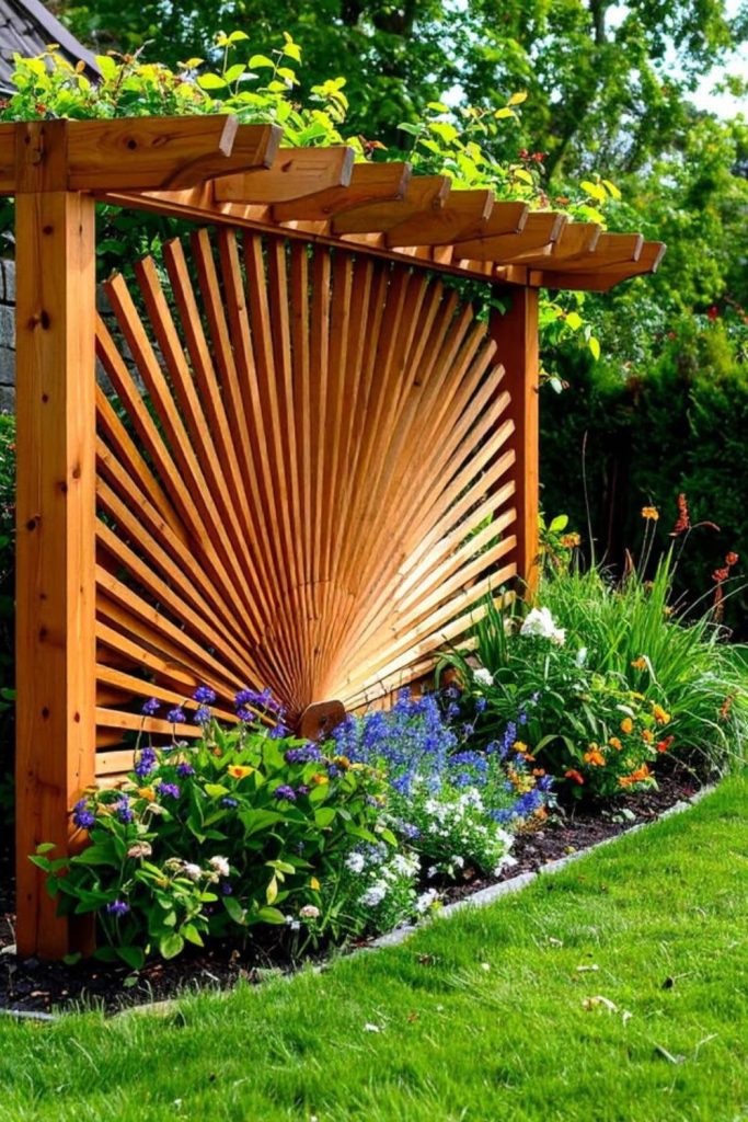Fan-shaped wooden trellis with blooms.