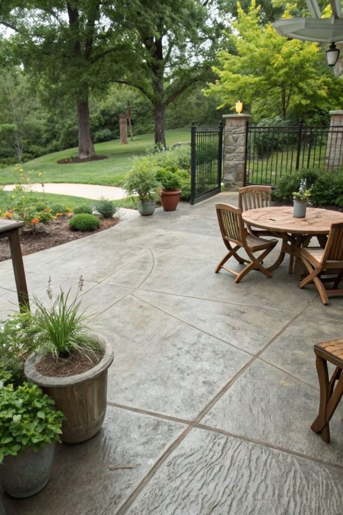 Farmhouse concrete patio cozy decor.