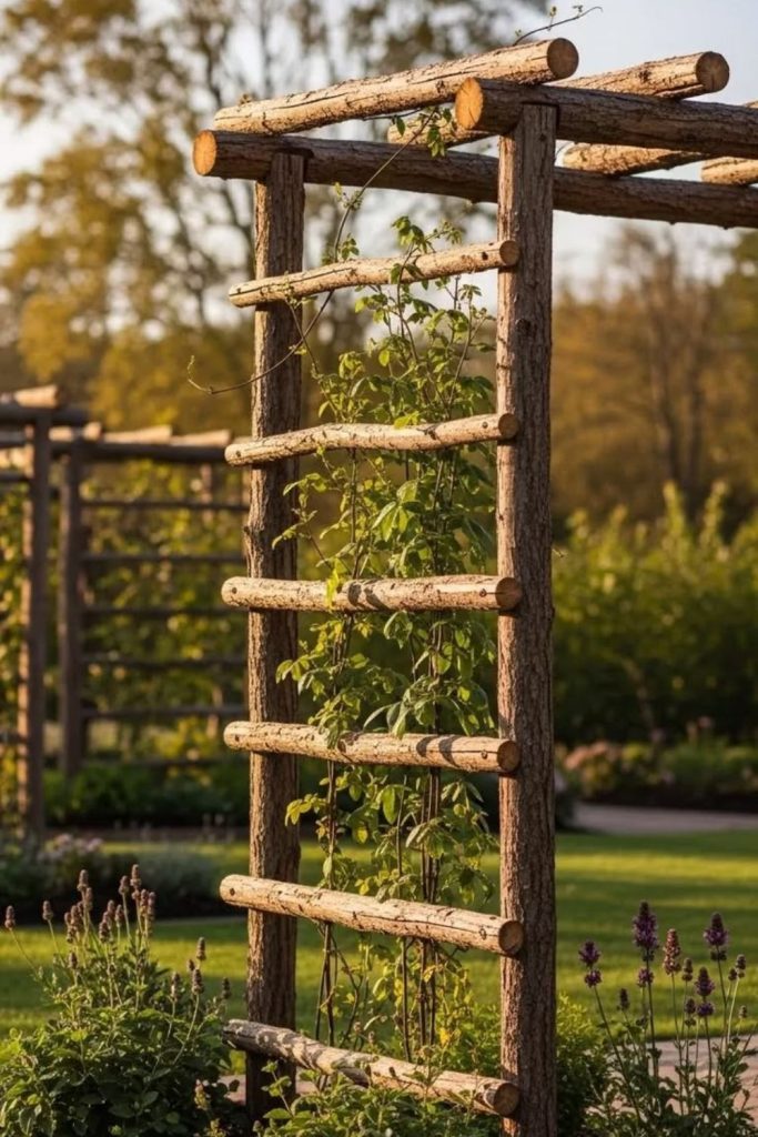 Farmhouse wooden grid climbing trellis.