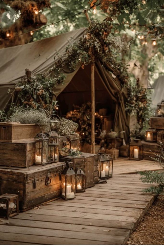Fern woodland campsite with magical lanterns