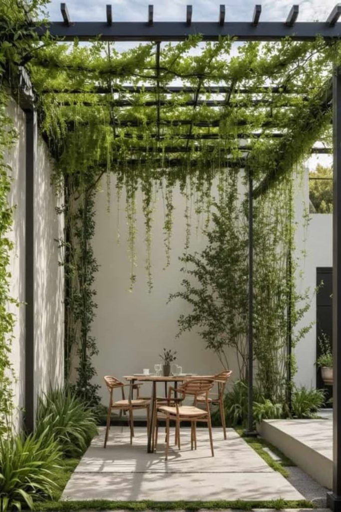 Fern-covered pergola with lush charm.