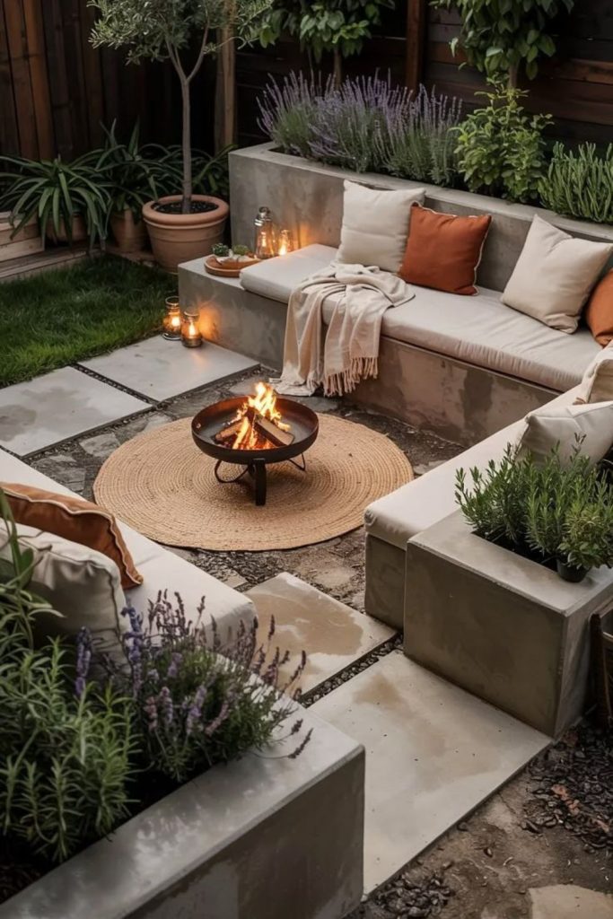 Fire pit concrete patio lounge.