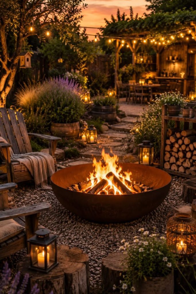 Fire pit surrounded by grasses.