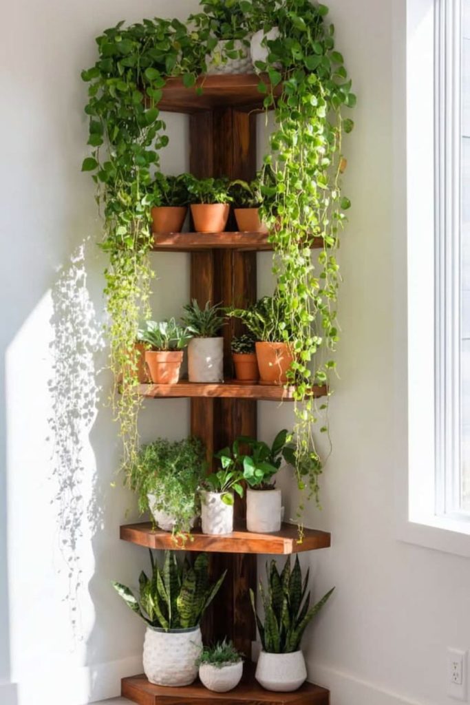 Corner floating shelf plant tower